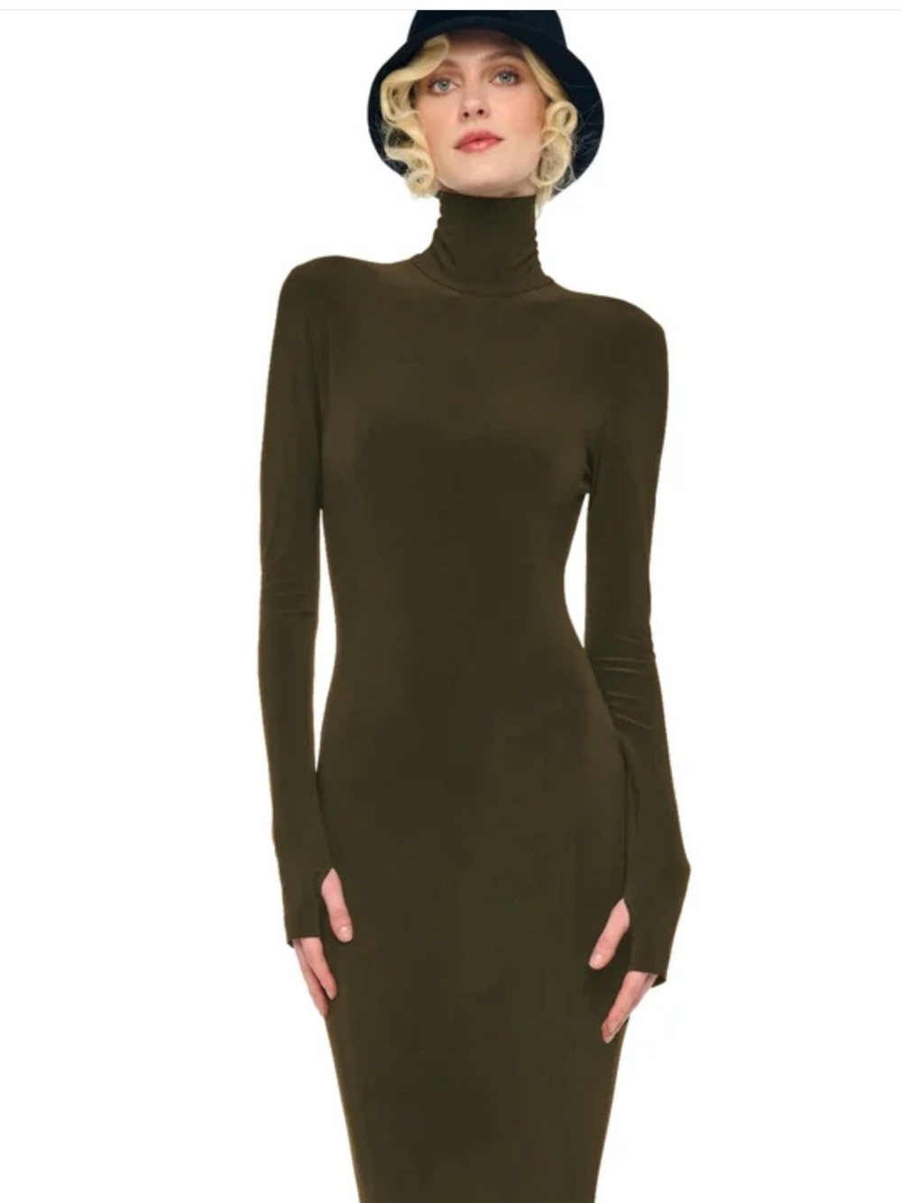 Norma Kamali Long Sleeve Turtleneck Dress in the bark colorway.
